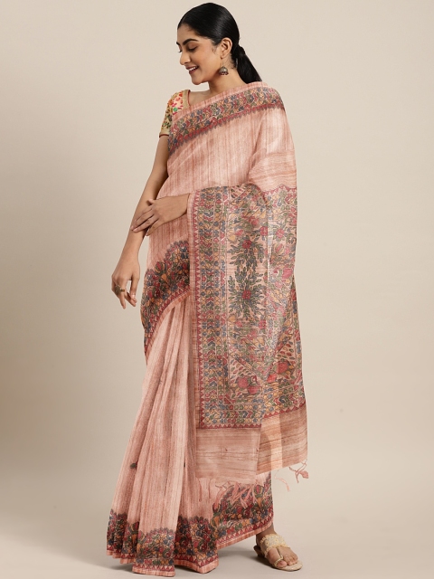 

The Chennai Silks Peach-Coloured & Green Viscose Rayon Striped Saree