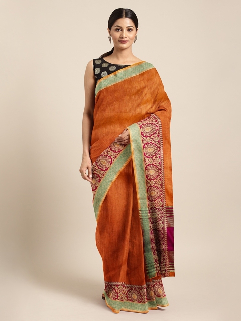

The Chennai Silks Classicate Orange & Magenta Pink Viscose Rayon Solid Banarasi Saree