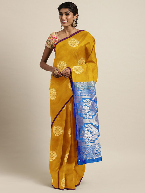 

The Chennai Silks Mustard Yellow & Gold-Toned Pure Silk Printed Kanjeevaram Saree