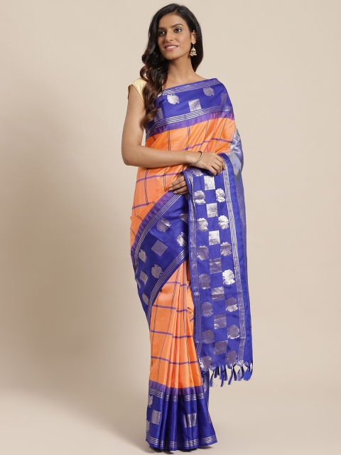 

The Chennai Silks Orange & Blue Pure Silk Checked Kanjeevaram Saree