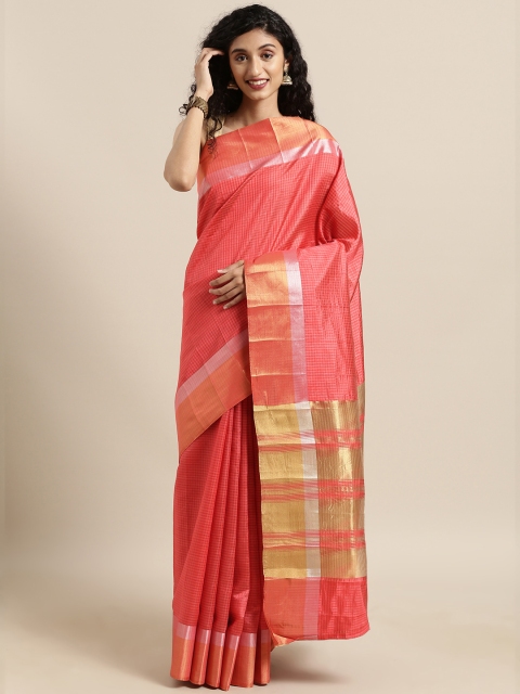 

The Chennai Silks Coral Red Checked Jute Cotton Saree
