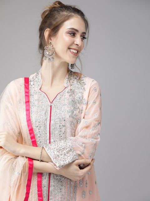 

Ishin Women Pink Embroidered Kurta with Palazzos & Dupatta