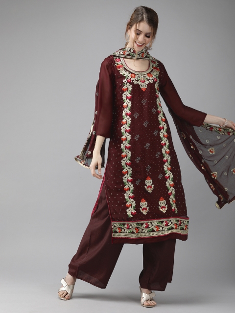 

Ishin Women Brown Embroidered Kurta with Palazzos & Dupatta