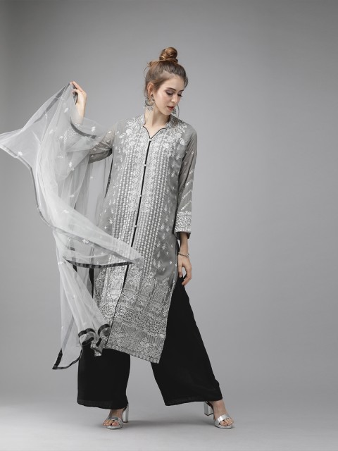 

Ishin Women Grey & Black Embroidered Kurta with Palazzos & Dupatta