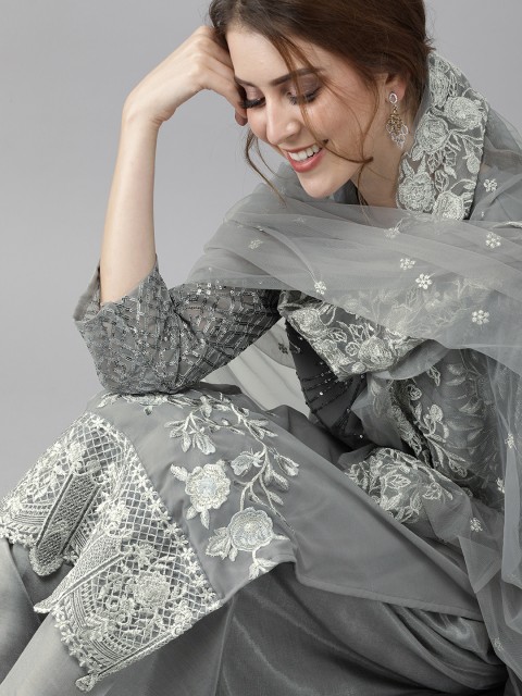 

Ishin Women Grey & Silver-Toned Embroidered Sequinned Kurta with Palazzos & Dupatta