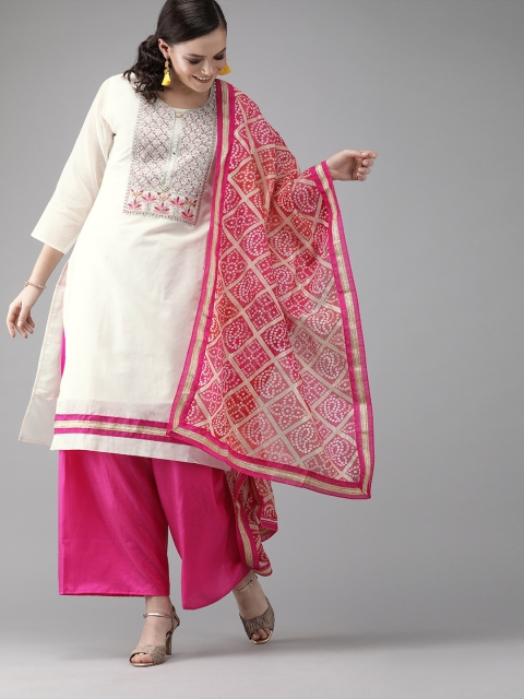 

Ishin Women Off-White & Pink Embroidered Kurta with Palazzos & Dupatta