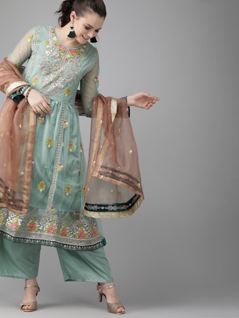 

Ishin Women Green & Golden Embroidered Net Sequinned Kurta with Palazzos & Dupatta