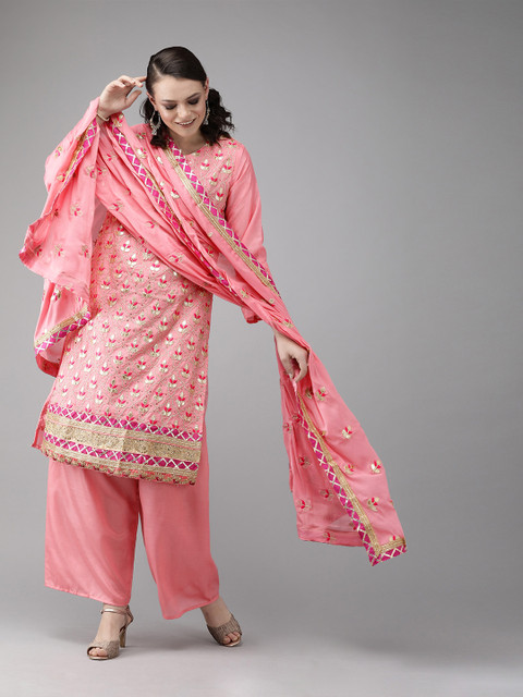 

Ishin Women Pink Embroidered Kurta with Palazzos & Dupatta