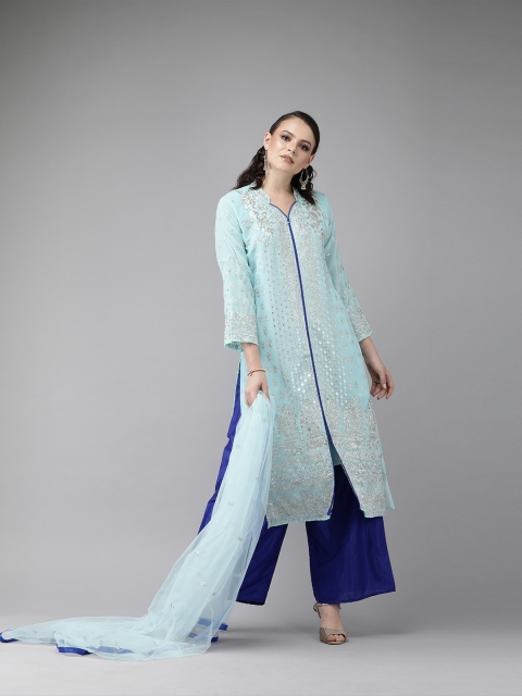 

Ishin Women Blue & Navy Blue Embroidered Kurta with Palazzos & Dupatta