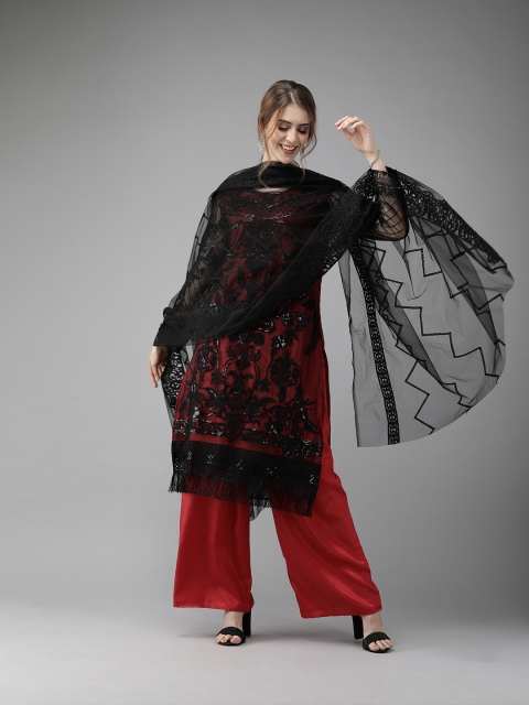 

Ishin Women Black & Red Embroidered Net Sequinned Kurta with Palazzos & Dupatta