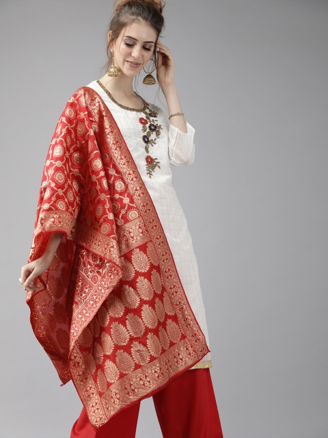 

Ishin Women White & Red Embroidered Kurta with Palazzos & Dupatta