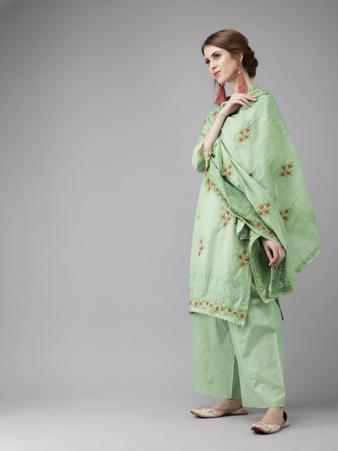 

Ishin Women Green & Pink Embroidered Kurta with Palazzos & Embroidered Dupatta