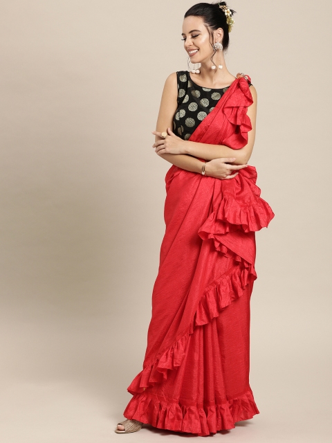 

Mitera Red Silk Blend Solid Ruffles Saree with Embellished Blouse Piece
