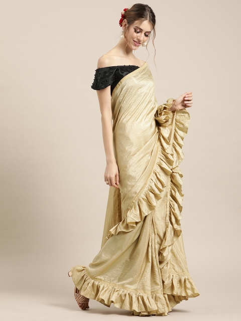 

Mitera Gold-Coloured Silk Blend Solid Ruffles Saree with Embellished Blouse Piece