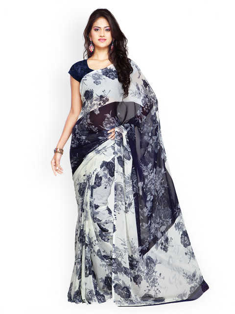 

Ligalz Navy & White Chiffon Printed Saree, Navy blue