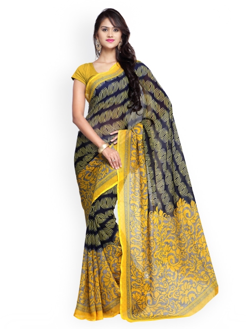 

Ligalz Navy & Yellow Poly Georgette Printed Saree, Navy blue