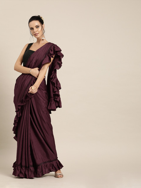 

Mitera Burgundy Solid Silk Blend Saree With Ruffles