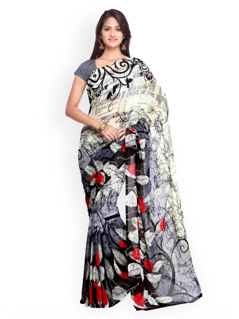 

Ligalz Black & White Poly Georgette Printed Saree