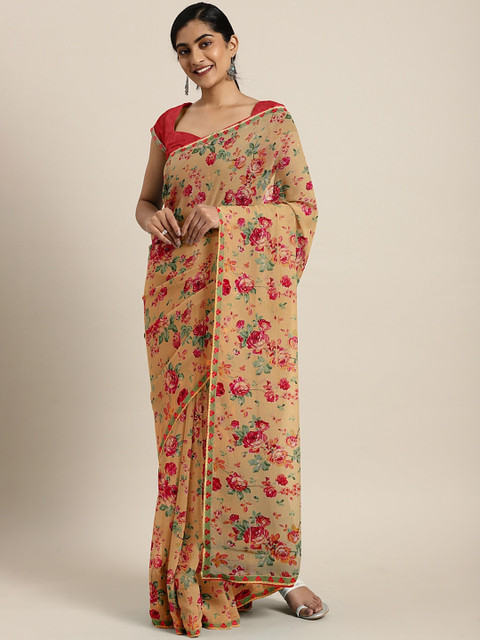 

Triveni Peach-Coloured & Red Pure Chiffon Printed Saree