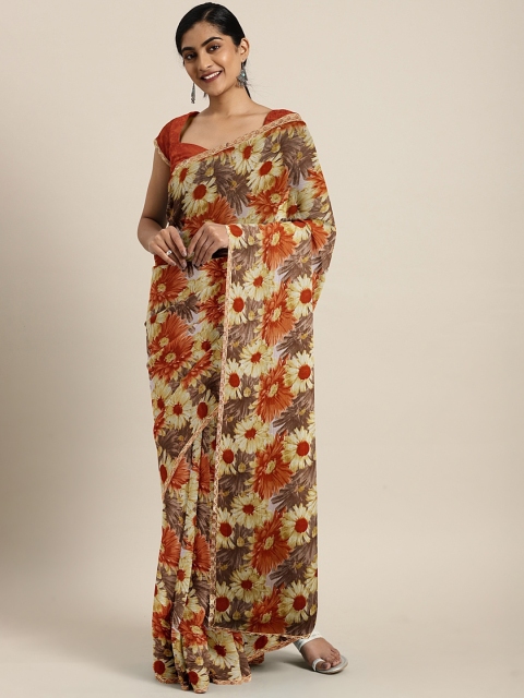 

Triveni Brown & Rust Orange Pure Chiffon Printed Saree