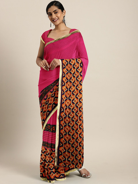 

Triveni Pink & Orange Pure Georgette Printed Saree