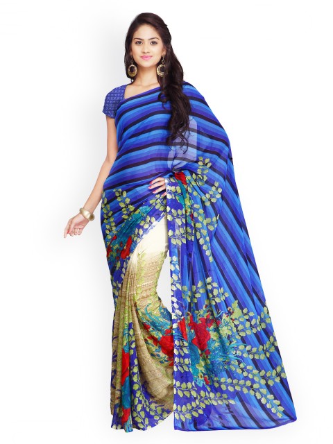 

Ligalz Blue & Beige Chiffon Printed Saree