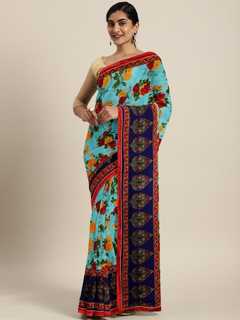 

Triveni Turquoise Blue & Maroon Printed Pure Georgette Saree