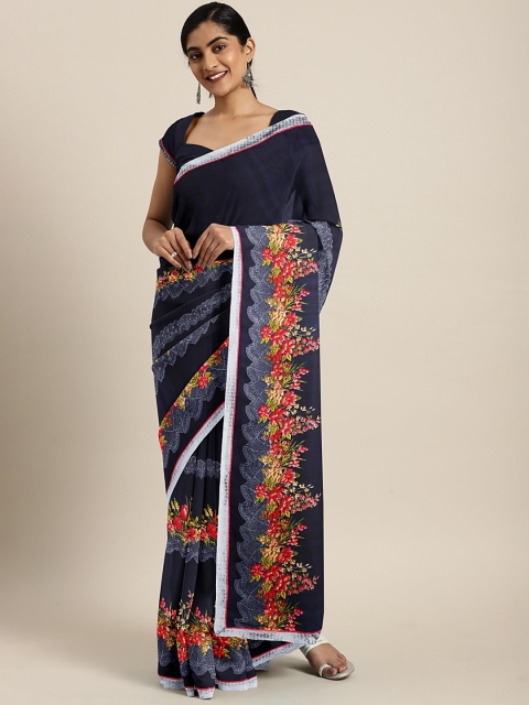 

Triveni Navy Blue & Pink Pure Georgette Printed Saree