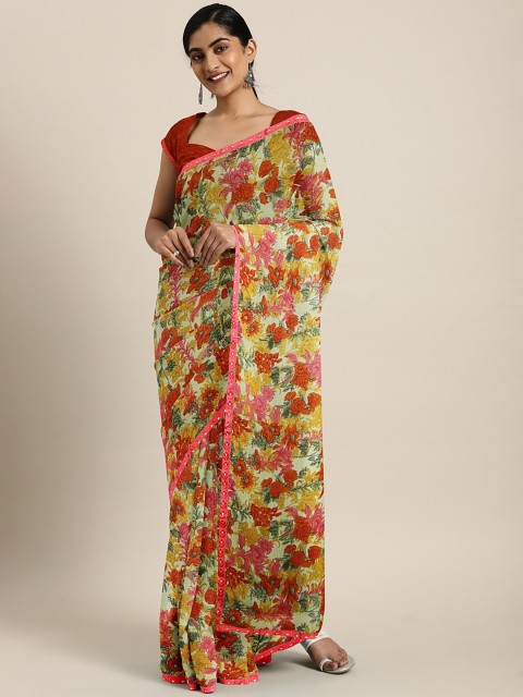 

Triveni Yellow & Rust Orange Printed Pure Chiffon Saree