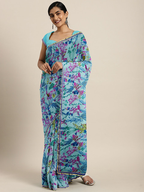 

Triveni Turquoise Blue & Pink Printed Pure Chiffon Saree