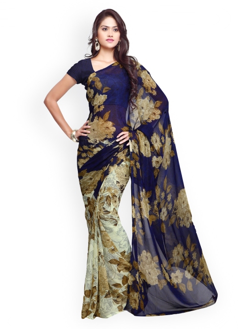 

Ligalz Navy & Beige Chiffon Printed Saree, Navy blue