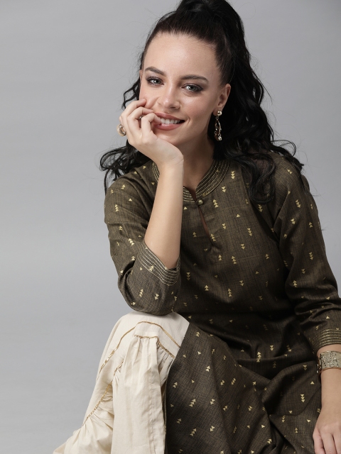 

Indo Era Women Brown & Gold-Toned Foil Printed Straight Kurta