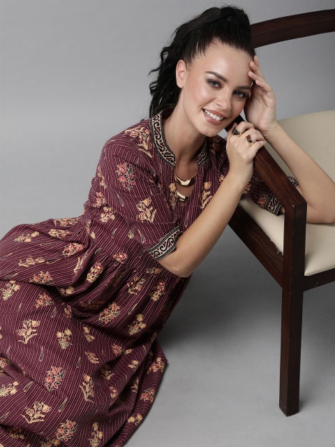 

Indo Era Women Burgundy & Yellow Printed Fit and Flare Dress