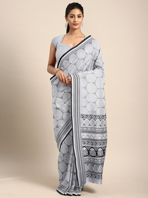 

Pavechas White & Grey Polycotton Printed Mangalagiri Saree