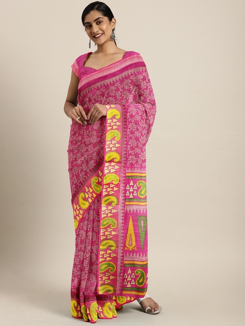 

Pavechas Pink & Yellow Poly Georgette Printed Bhagalpuri Saree