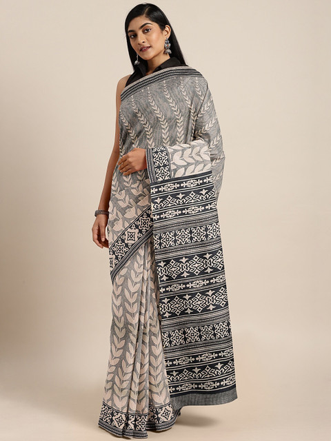

Pavechas Beige & Black Polycotton Printed Mangalagiri Saree