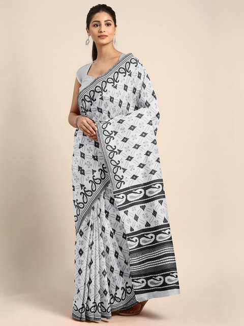 

KALINI White & Black Polycotton Printed Mangalagiri Saree