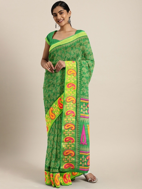 

Pavechas Green & Yellow Poly Georgette Printed Bhagalpuri Saree