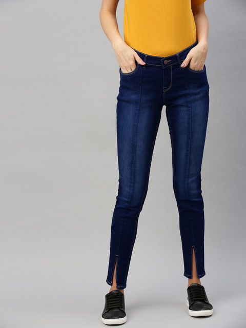 

HERE&NOW Women Blue Skinny Fit Mid-Rise Clean Look Panelled Slit Hem Stretchable Jeans