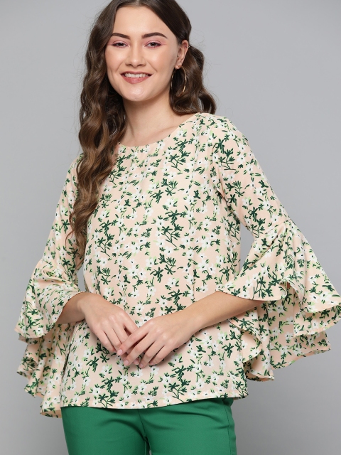 

HERE&NOW Women Cream-Coloured & Green Floral Printed Top