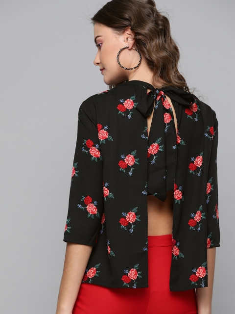 

HERE&NOW Women Black & Red Floral Printed Styled Back Top