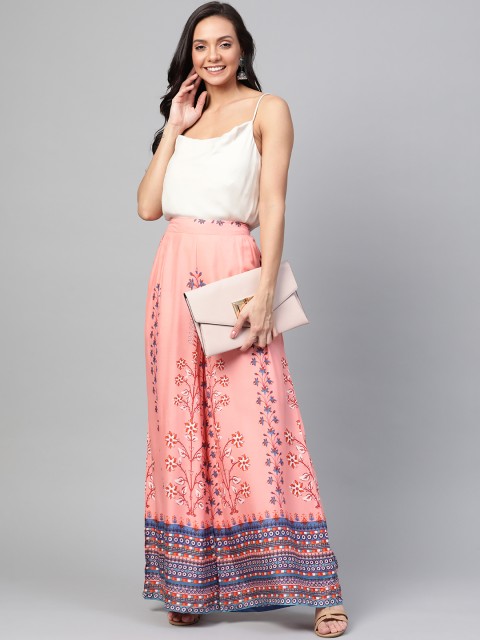 

HERE&NOW Women Coral Pink & Blue Floral Print Wide Leg Palazzos
