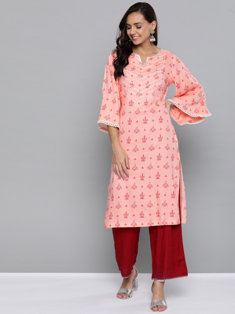 

HERE&NOW Women Peach-Coloured & Maroon Printed Straight Kurta