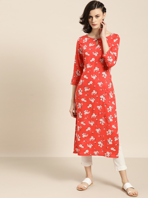 

Moda Rapido Women Coral Red & White Floral Print Straight Kurta