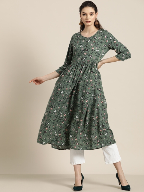 

Moda Rapido Women Green & White Printed A-Line Kurta