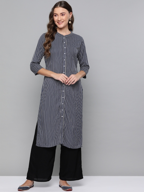 

HERE&NOW Women Navy Blue & White Striped Straight Kurta