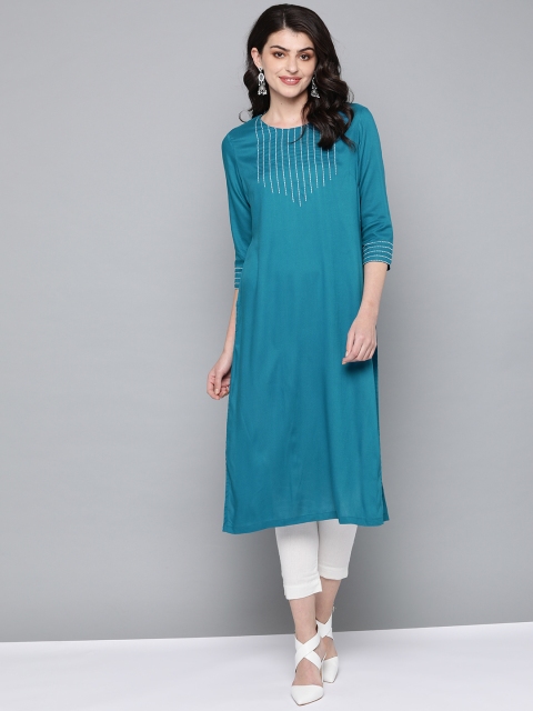 

HERE&NOW Women Teal Blue Yoke Design Straight Kurta