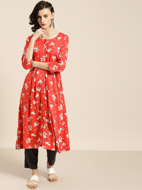 

Moda Rapido Women Coral Red & White Floral Printed A-Line Kurta