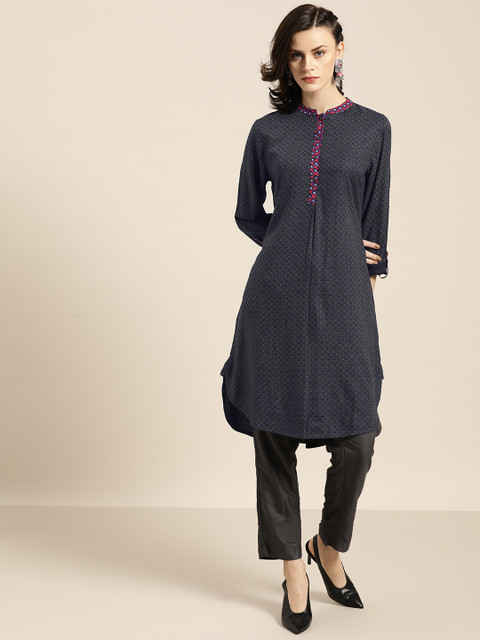 

Moda Rapido Women Navy Blue & Off-White Printed Straight Kurta