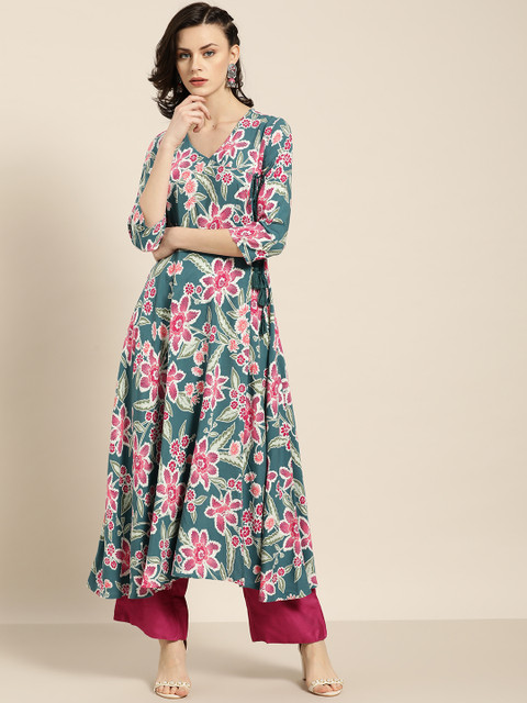 

Moda Rapido Women Teal Blue & Pink Floral Print Angrakha A-Line Kurta